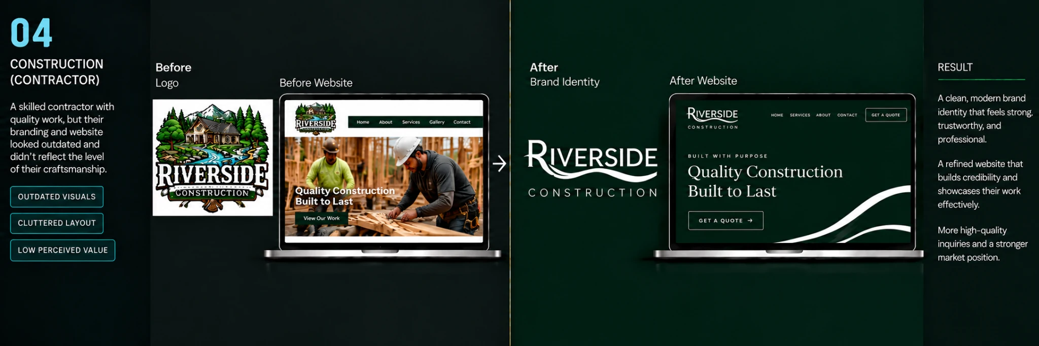 Riverside Construction illustrative before and after brand identity and website design concept
